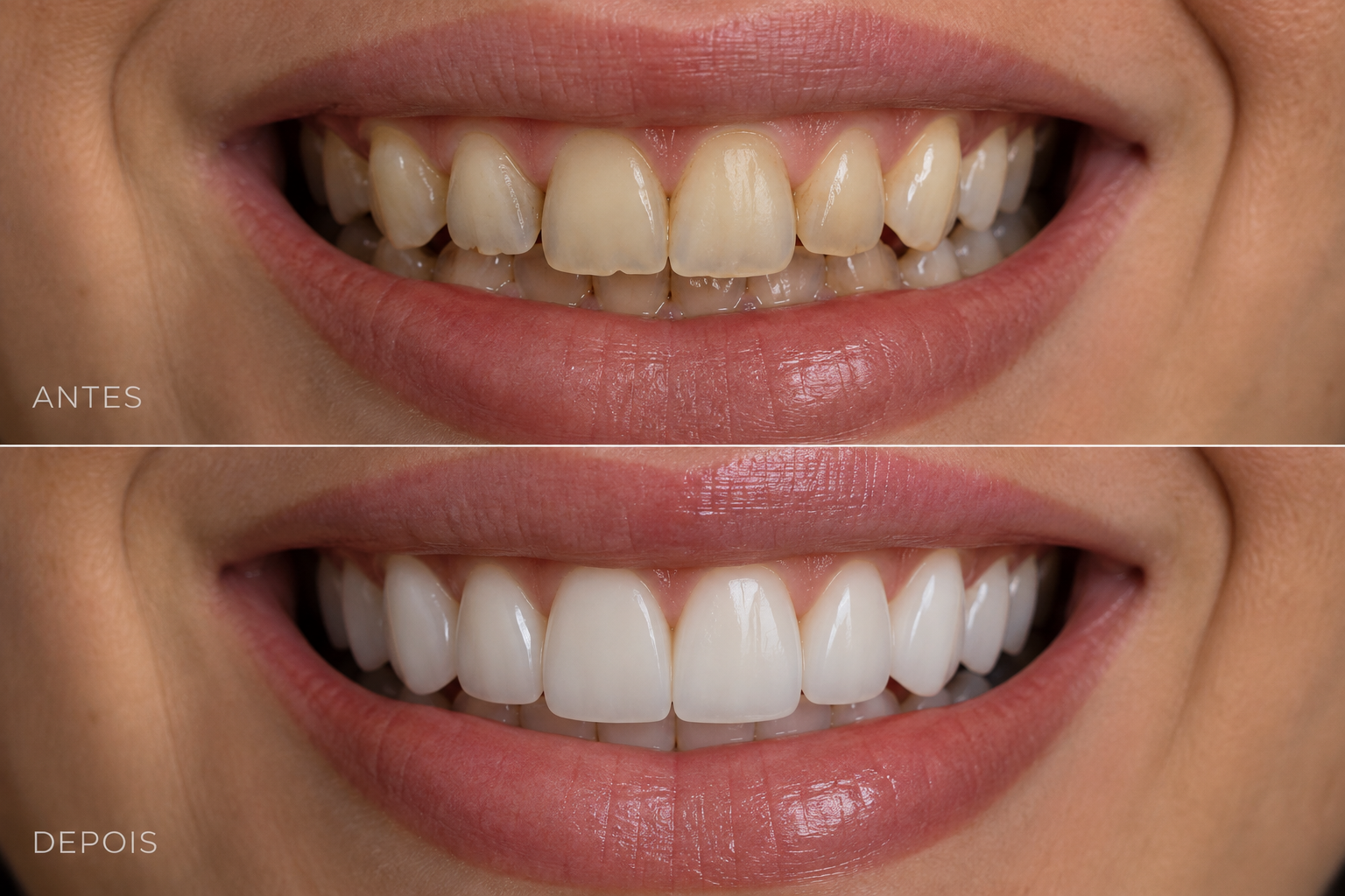 Comparativo ilustrativo de sorriso antes e depois de facetas dentais